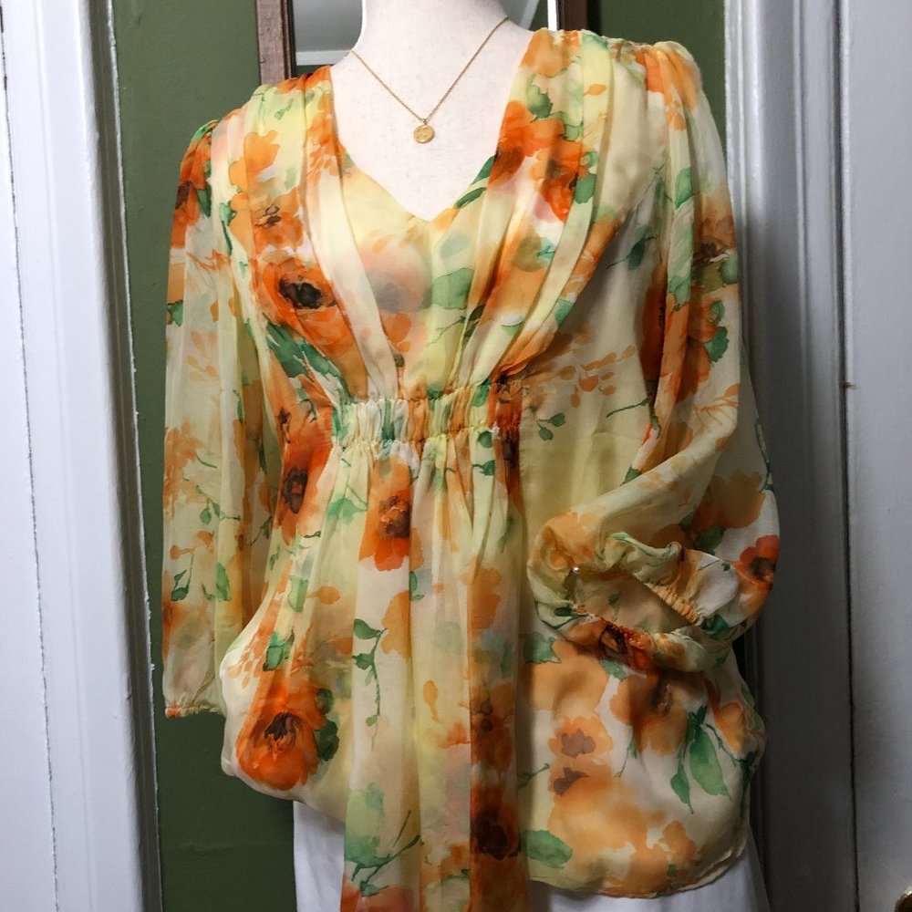 Sundance medium  yellow orange flowers on silk top